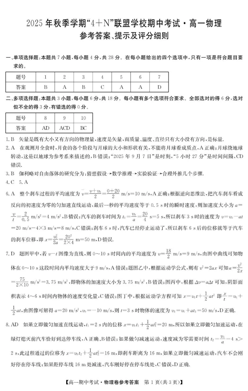《南宁4+N联盟2025秋季期中高一物理答案_2026年高一《月考+期中考+阶段性检测真题合集》全国各省全科无水印_广西南宁市“4+N”联盟学校2026学年高一上学期期中考试》第1页预览