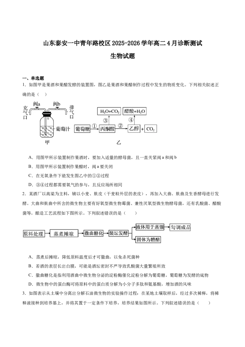 《山东省泰安第一中学2025-2026学年高二下学期4月学情检测试题生物Word版含答案_2024-2027高二（7-7月题库）_2026年05月高二试卷》第1页预览