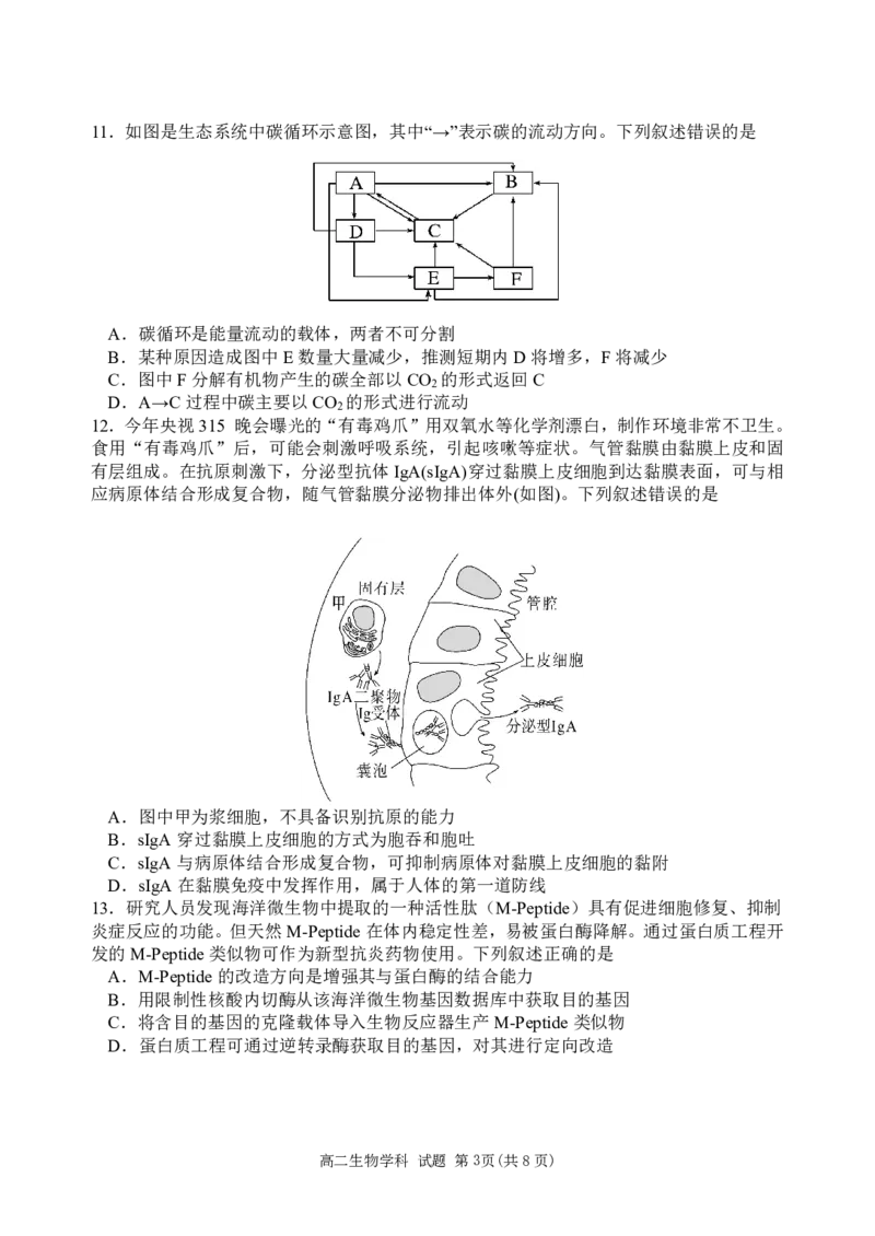 《新力量高二生物试题_2024-2027高二（7-7月题库）_2026年05月高二试卷_260525浙江温州市新力量联盟2025-2026学年高二下学期期中联考试（全）》第3页预览