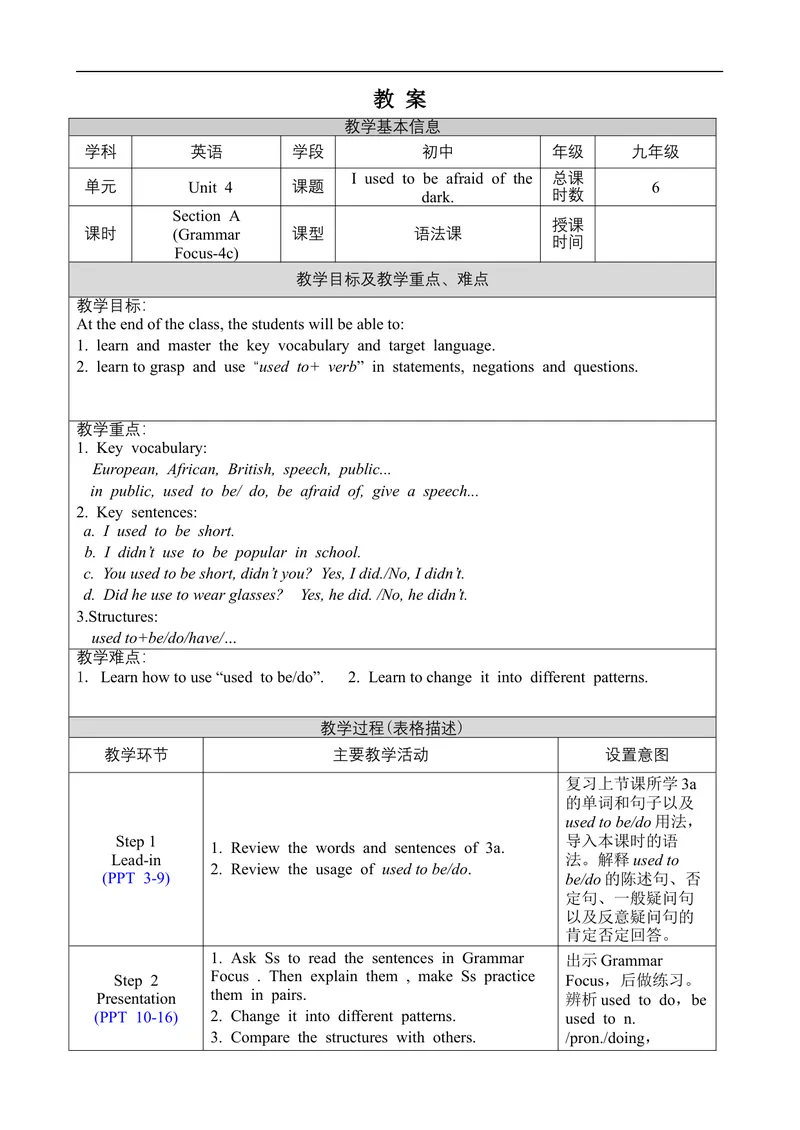 《Unit4SectionAGrammarFocus-4c_初中英语789_旧版人教版英语九年级全册_旧版可参考_02.英语9全一册-表格式全英教案+PPT课件+朗读第2套_全英教案_Unit4（教案）_Unit4SectionAGrammarFocus-4c》第1页预览