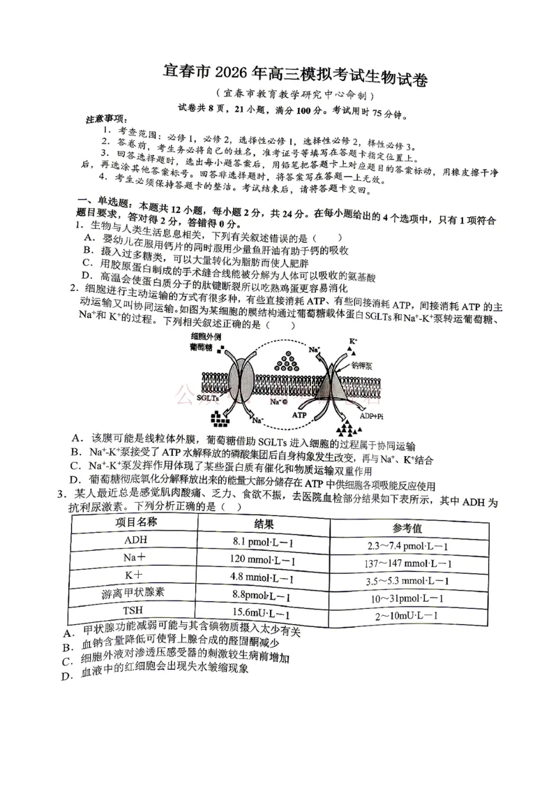 《江西省宜春市2026届高三模拟考试生物_12.2026年4月全国各地高考模拟卷_2026年4月_2026年江西省宜春市高三模拟考试_06生物_江西省宜春市高三模拟考试》第1页预览
