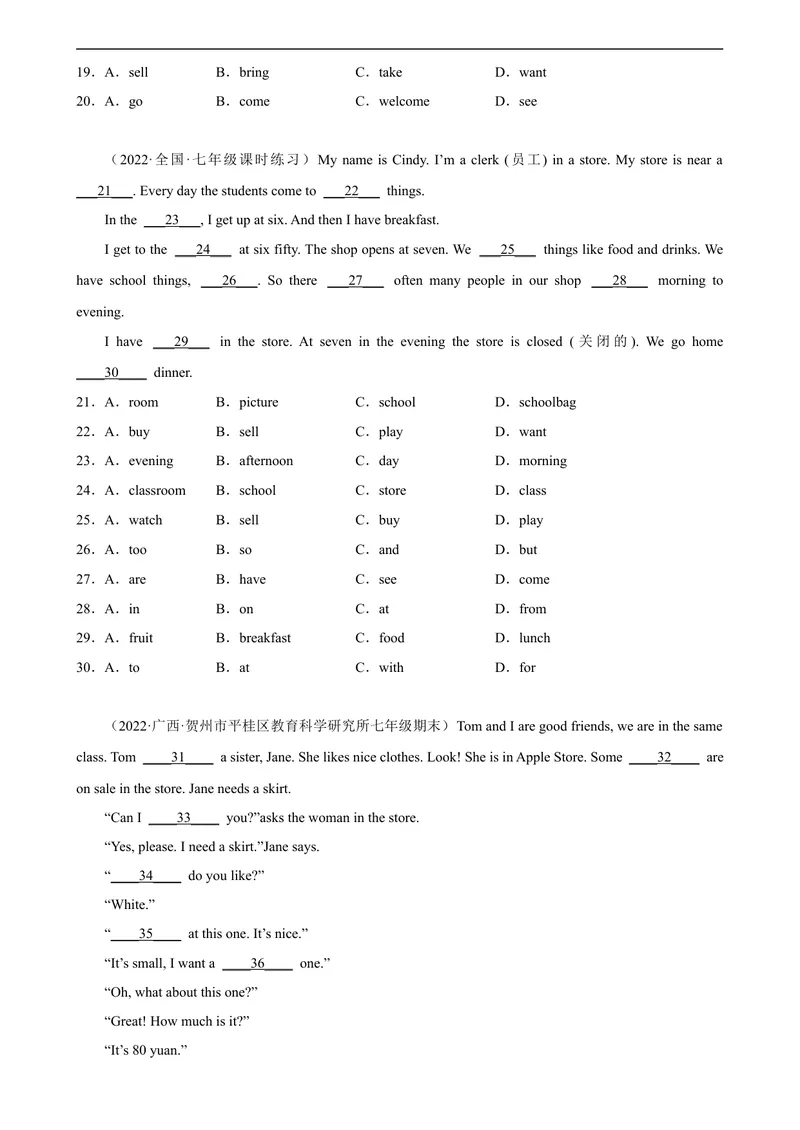 《Unit7单元话题完形填空专项练习-七年级英语上册单元重难点易错题精练（人教版）_初中英语789_最新人教版英语七年级上册_英语7上最新改版_04.英语7上-试题_专题训练》第2页预览