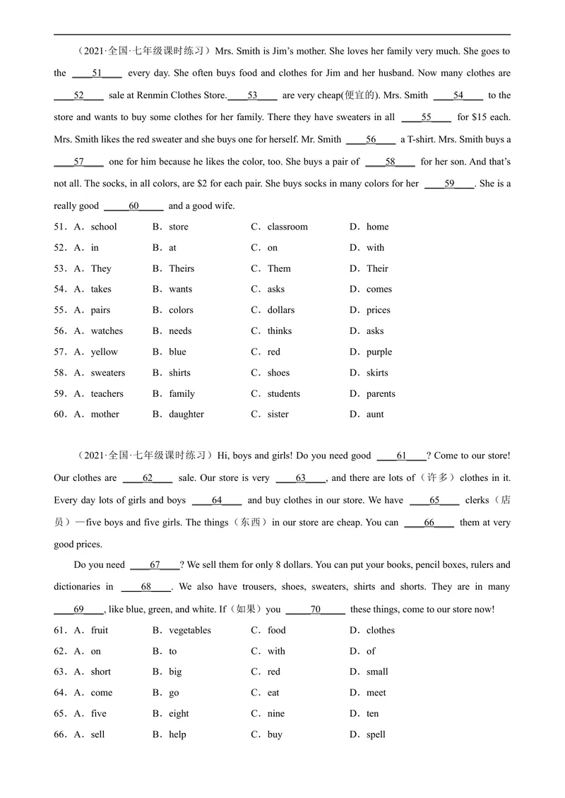 《Unit7单元话题完形填空专项练习-七年级英语上册单元重难点易错题精练（人教版）_初中英语789_最新人教版英语七年级上册_英语7上最新改版_04.英语7上-试题_专题训练》第4页预览