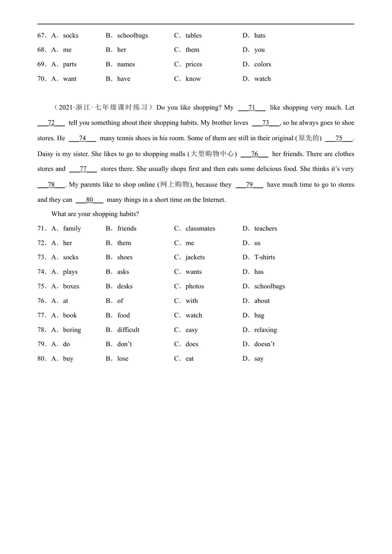 《Unit7单元话题完形填空专项练习-七年级英语上册单元重难点易错题精练（人教版）_初中英语789_最新人教版英语七年级上册_英语7上最新改版_04.英语7上-试题_专题训练》第5页预览