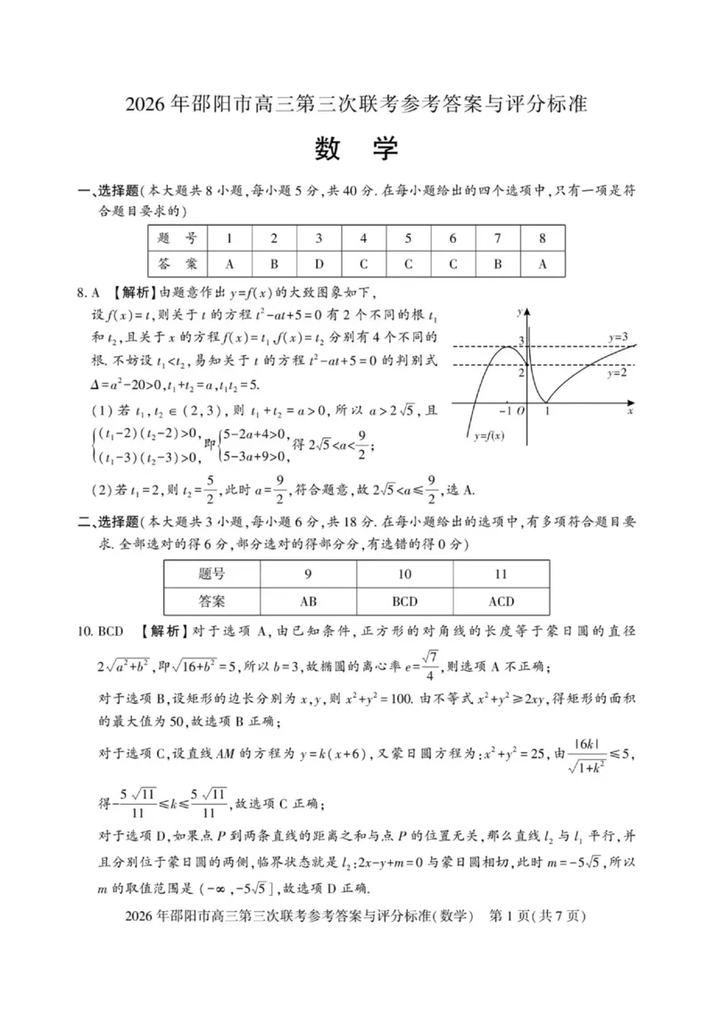 《湖南邵阳2026届高三下学期模拟预测数学答案_2024-2027高三（6-6月题库）_2026年05月高三试卷_260519湖南省邵阳市2026届高三下学期考前预测模拟（三模）（全科）》第1页预览