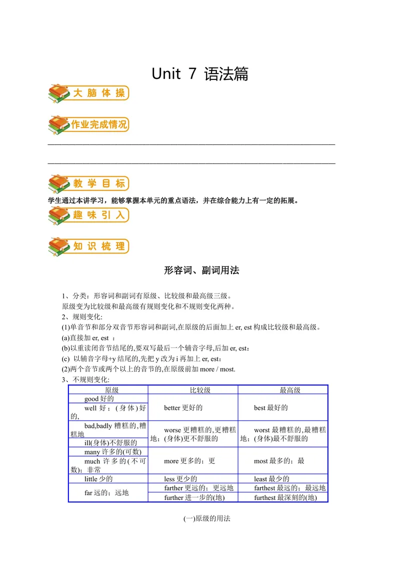 《人教版初二（下）英语第14讲：unit7语法篇（学生版）_初中英语789_最新人教版英语八年级下册_旧版（有参考价值）_版本二_八年级英语下册（人教版）_讲义》第1页预览