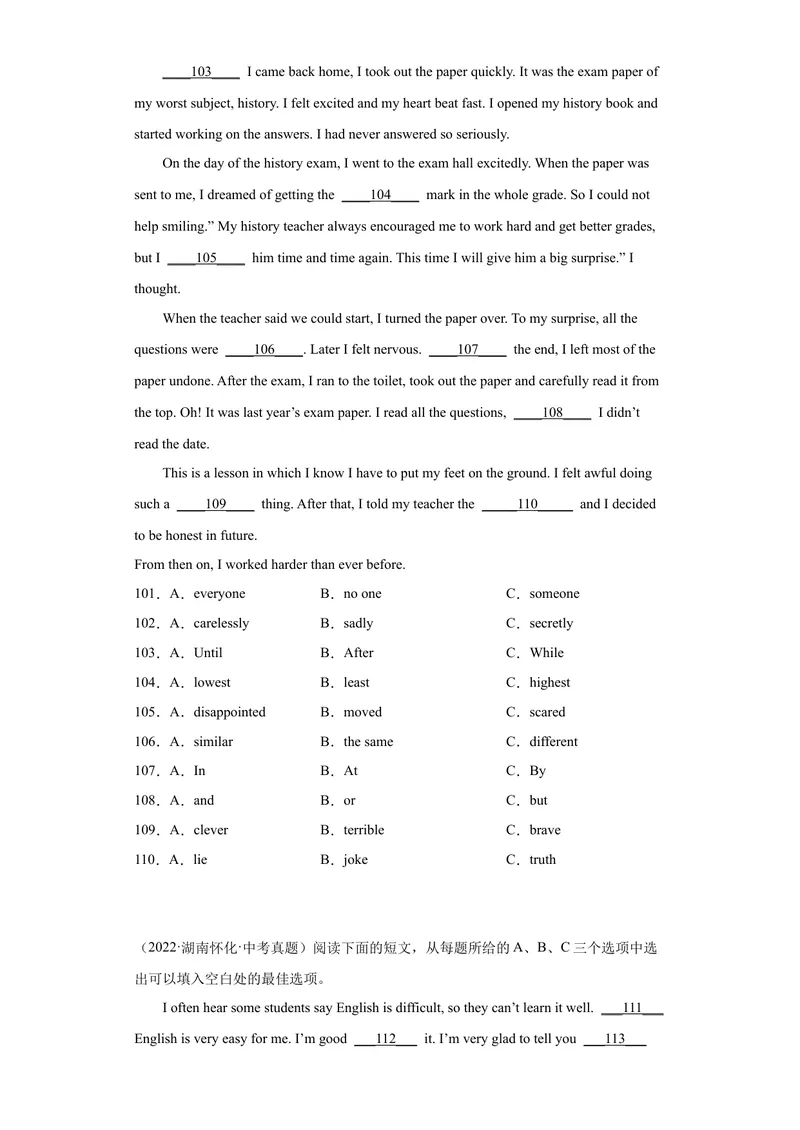 《专题19-完形填空（二）20篇-2023年狂刷增分练（原卷版）_初中英语789_26秋最新人教版英语九年级上册_26秋人教九上_39、赠送其它资料_旧版资料_4.习题试卷_2022-2023学年九年级英语狂刷增分练》第10页预览