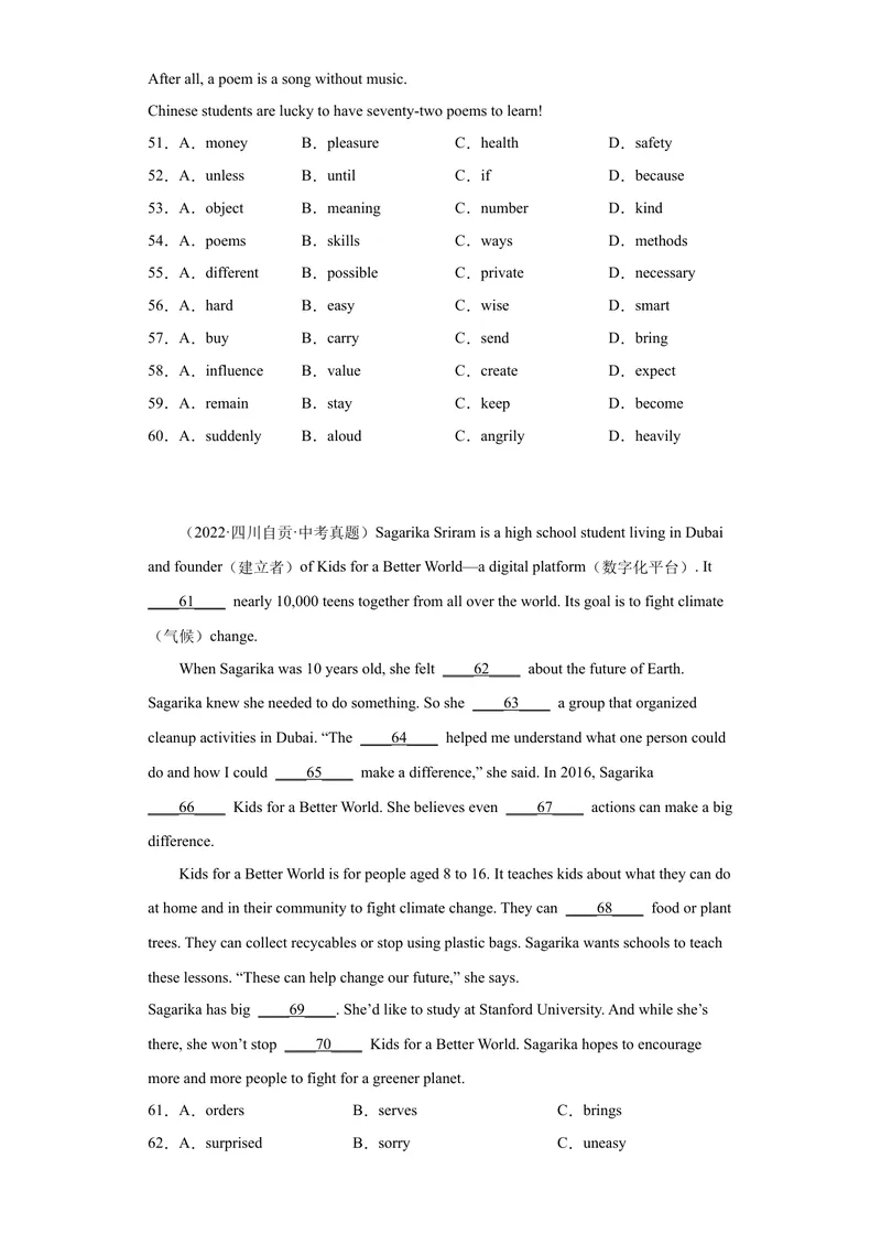 《专题19-完形填空（二）20篇-2023年狂刷增分练（原卷版）_初中英语789_26秋最新人教版英语九年级上册_26秋人教九上_39、赠送其它资料_旧版资料_4.习题试卷_2022-2023学年九年级英语狂刷增分练》第6页预览