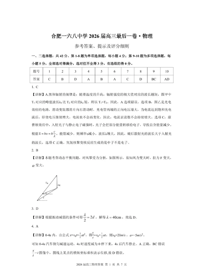 《物理试题卷答案_2024-2027高三（6-6月题库）_2026年05月高三试卷_260518安徽合肥一六八中学2026届高三最后一卷（全科）_物理安徽合肥一六八中学2026届高三最后一卷》第1页预览