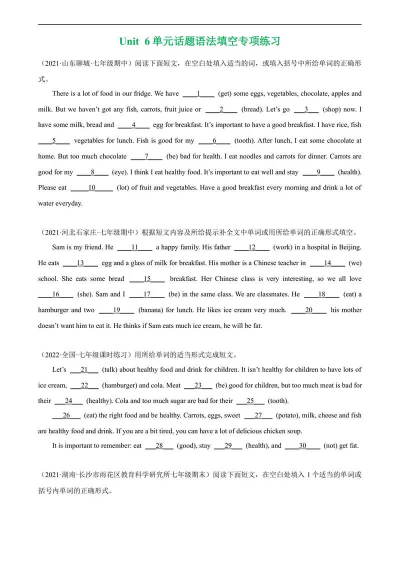《Unit6单元话题语法填空练习-七年级英语上册单元重难点易错题精练（人教版）_初中英语789_最新人教版英语七年级上册_英语7上最新改版_04.英语7上-试题_专题训练》第1页预览