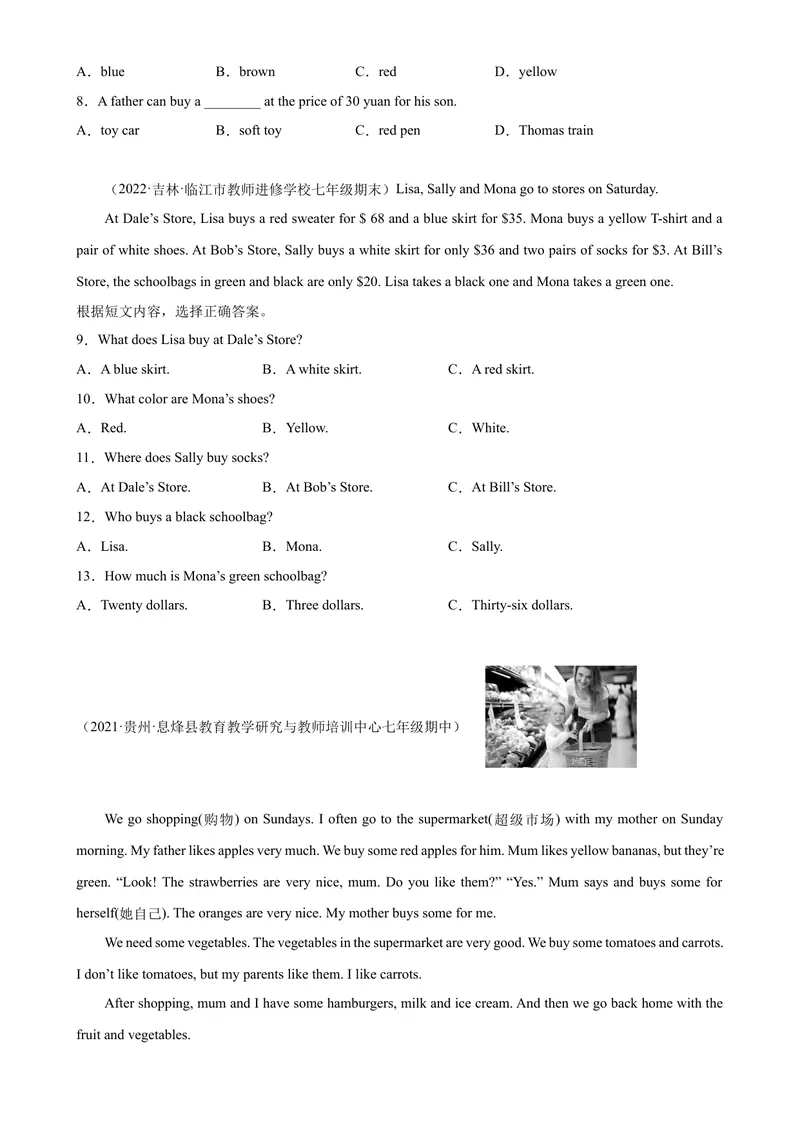 《Unit7单元话题阅读理解专项练习-七年级英语上册单元重难点易错题精练（人教版）_初中英语789_最新人教版英语七年级上册_英语7上最新改版_04.英语7上-试题_专题训练》第2页预览