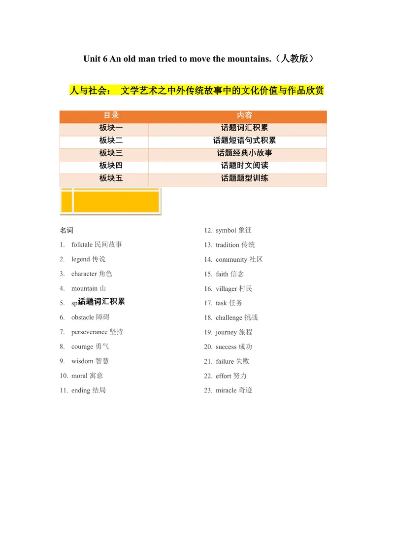 《Unit6Anoldmantriedtomovethemountains.（人与社会：文学艺术之中外传统故事中的文化价值与作品欣赏）（教师版）_初中英语789_最新人教版英语八年级下册_旧版（有参考价值）_版本二_2025版》第1页预览