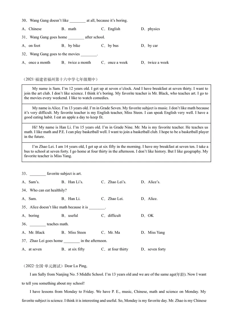 《Unit9单元话题阅读理解专项练习-七年级英语上册单元重难点易错题精练（人教版）_初中英语789_最新人教版英语七年级上册_英语7上最新改版_04.英语7上-试题_专题训练》第5页预览