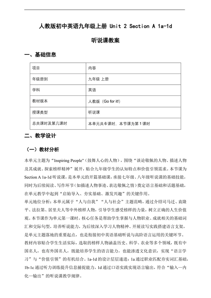 《人教版初中英语九年级上册Unit2InspiringPeopleSectionA2a-2d听说课教案_初中英语789_26秋最新人教版英语九年级上册_26秋人教九上_00、教案（表格式含反思）word版更新中_2单元》第1页预览