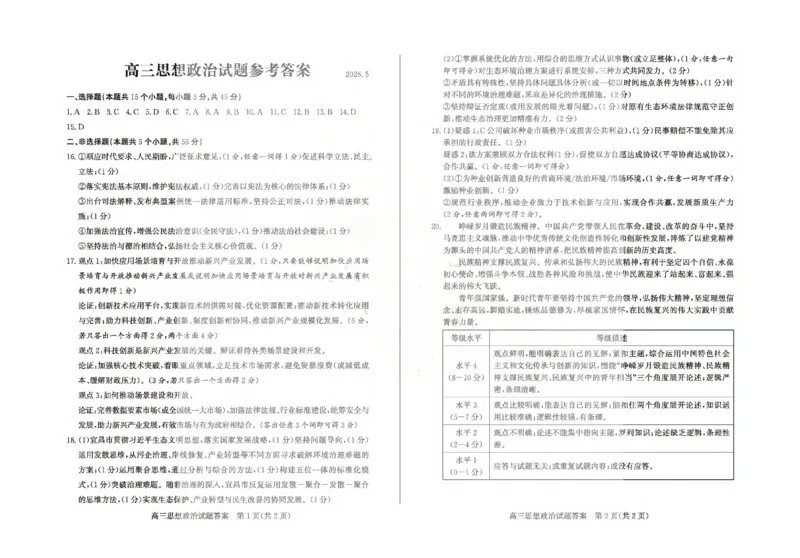 《滨州市2026年高三下学期二模考试政治答案_2024-2027高三（6-6月题库）_2026年05月高三试卷_260515山东省滨州市2026年高三下学期二模考试（滨州二模）（全科）》第1页预览