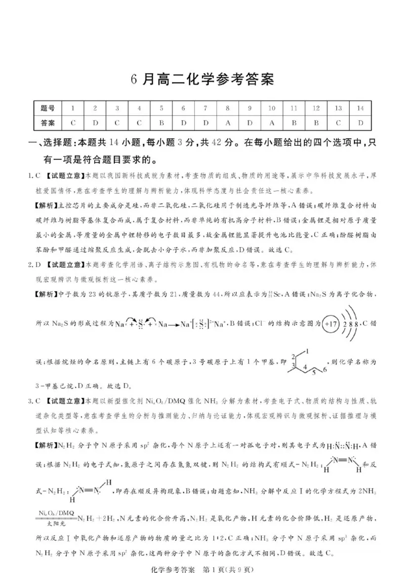 《河南湘豫名校2026年高二下学期6月阶段检测化学答案_2024-2027高三（6-6月题库）_2026年06月高三试卷（数理化）_2026年6月高中化学试题汇编_0620化学》第1页预览