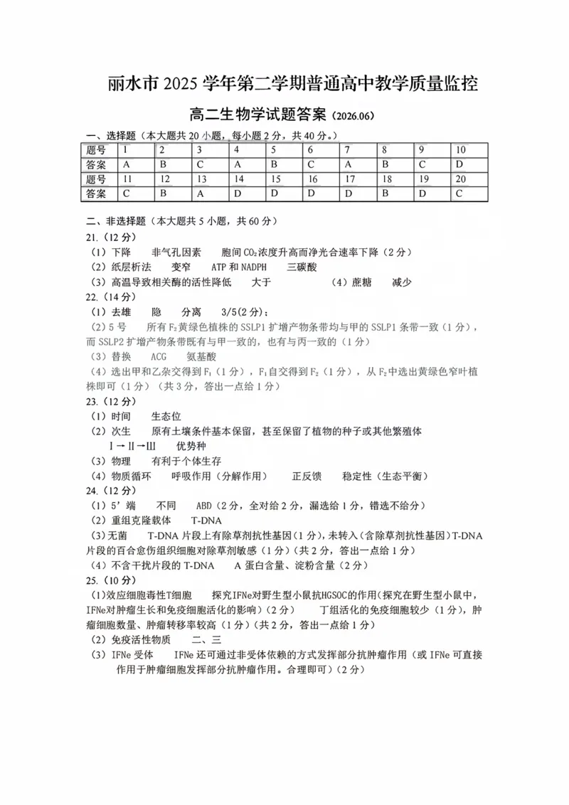 《生物答案-2606丽水高二期末_2024-2027高二（7-7月题库）_2026年06月高二试卷_260627浙江省丽水市2025-2026学年高二下学期6月期末教学质量监控（全）》第1页预览