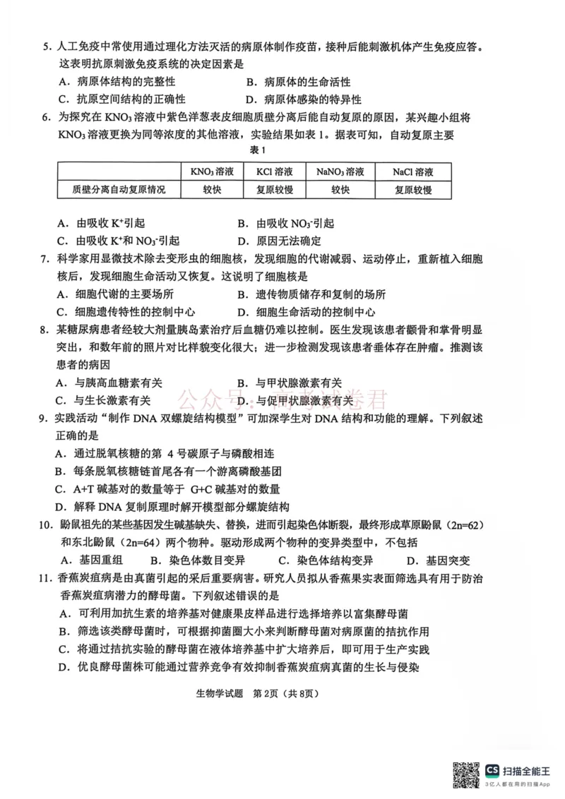 《江门市2026年高考模拟考试生物学科试卷(1)_12.2026年4月全国各地高考模拟卷_2026年广东省江门市高考模拟考试（一模）全科_06生物_广东省江门市高考模拟考试（一模）》第2页预览