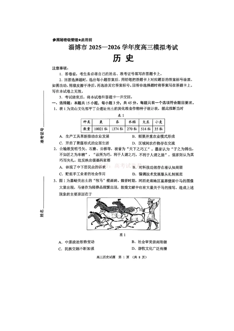 《淄博市2025-2026学年度高三模拟考试历史_12.2026年4月全国各地高考模拟卷_2026届山东省淄博市高三3月模拟考试(1)_08历史2026届山东省淄博市高三3月模拟考试》第1页预览