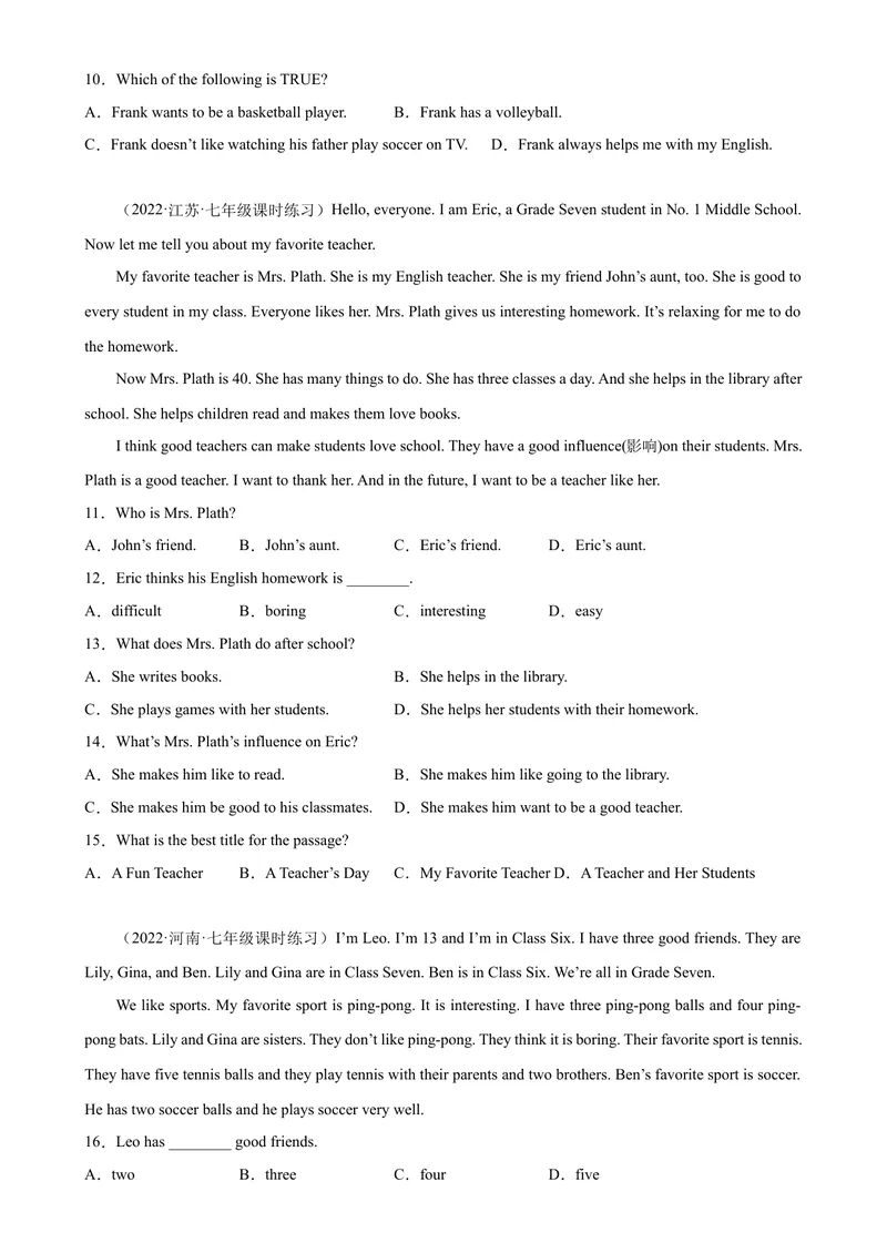 《Unit5单元话题阅读理解专项练习-七年级英语上册单元重难点易错题精练（人教版）_初中英语789_最新人教版英语七年级上册_英语7上最新改版_04.英语7上-试题_专题训练》第2页预览