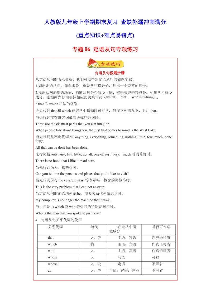 《专题06重点用法定语从句80题-2021-2022学年九年级英语上学期期末复习查缺补漏冲刺满分（人教版）_初中英语789_26秋最新人教版英语九年级上册_26秋人教九上_39、赠送其它资料_旧版资料》第1页预览