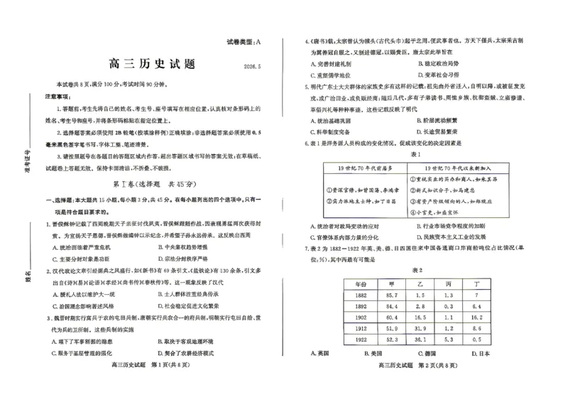 《滨州市2026年高三下学期二模考试历史_2024-2027高三（6-6月题库）_2026年05月高三试卷_260515山东省滨州市2026年高三下学期二模考试（滨州二模）（全科）》第1页预览