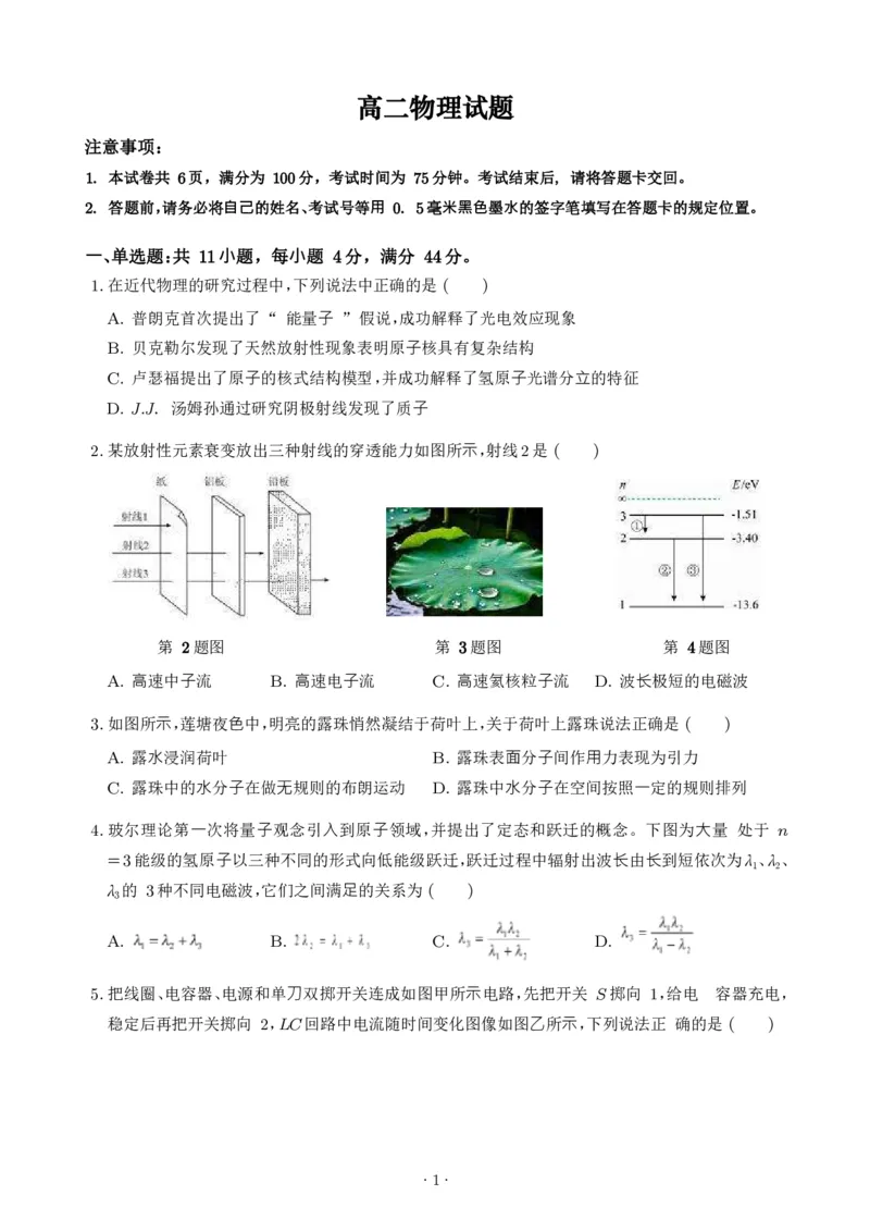 《江苏淮南名校2026年高二下学期6月阶段测物理试题_2024-2027高三（6-6月题库）_2026年06月高三试卷（数理化）_2026年6月高中物理试卷汇编_0613物理》第1页预览