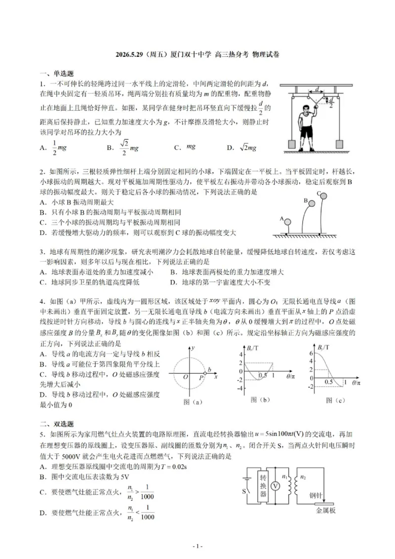 《福建厦门双十中学2026届高中毕业班高三年级适应性练习暨热身考物理试题卷_2024-2027高三（6-6月题库）_2026年06月高三试卷》第1页预览