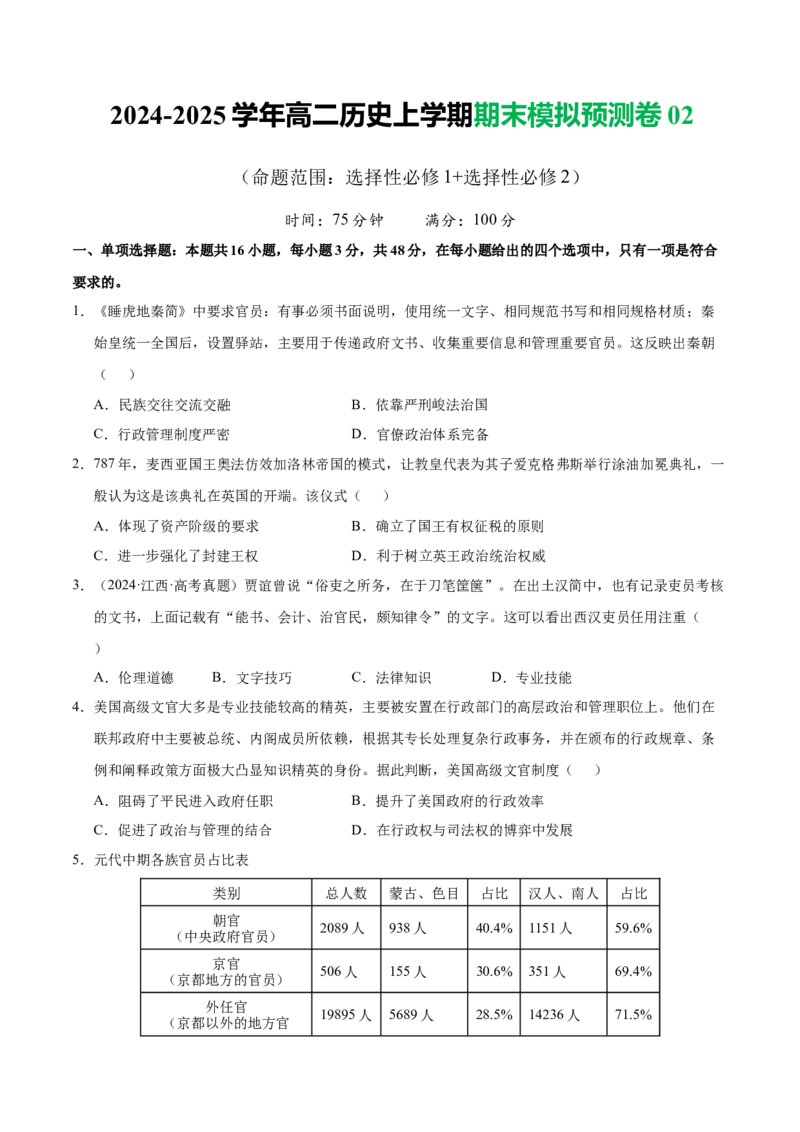 《期末模拟预测卷02（后附答案解析）-（统编版）_新版高中_高中历史新版_高中历史选择性必修1（统编版）_期末总复习-P155》第1页预览