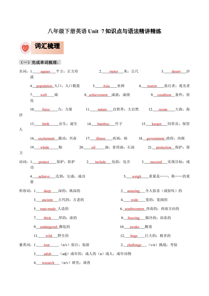 《人教版八年级下册英语Unit7单元知识点讲义（教师版）_初中英语789_最新人教版英语八年级下册_旧版（有参考价值）_版本二_八年级英语下册（人教版）_单元知识点讲义_教师版（含答案）》第1页预览