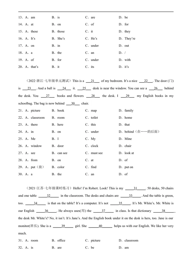 《Unit4单元话题完形填空专项练习-七年级英语上册单元重难点易错题精练（人教版）_初中英语789_最新人教版英语七年级上册_英语7上最新改版_04.英语7上-试题_专题训练》第2页预览