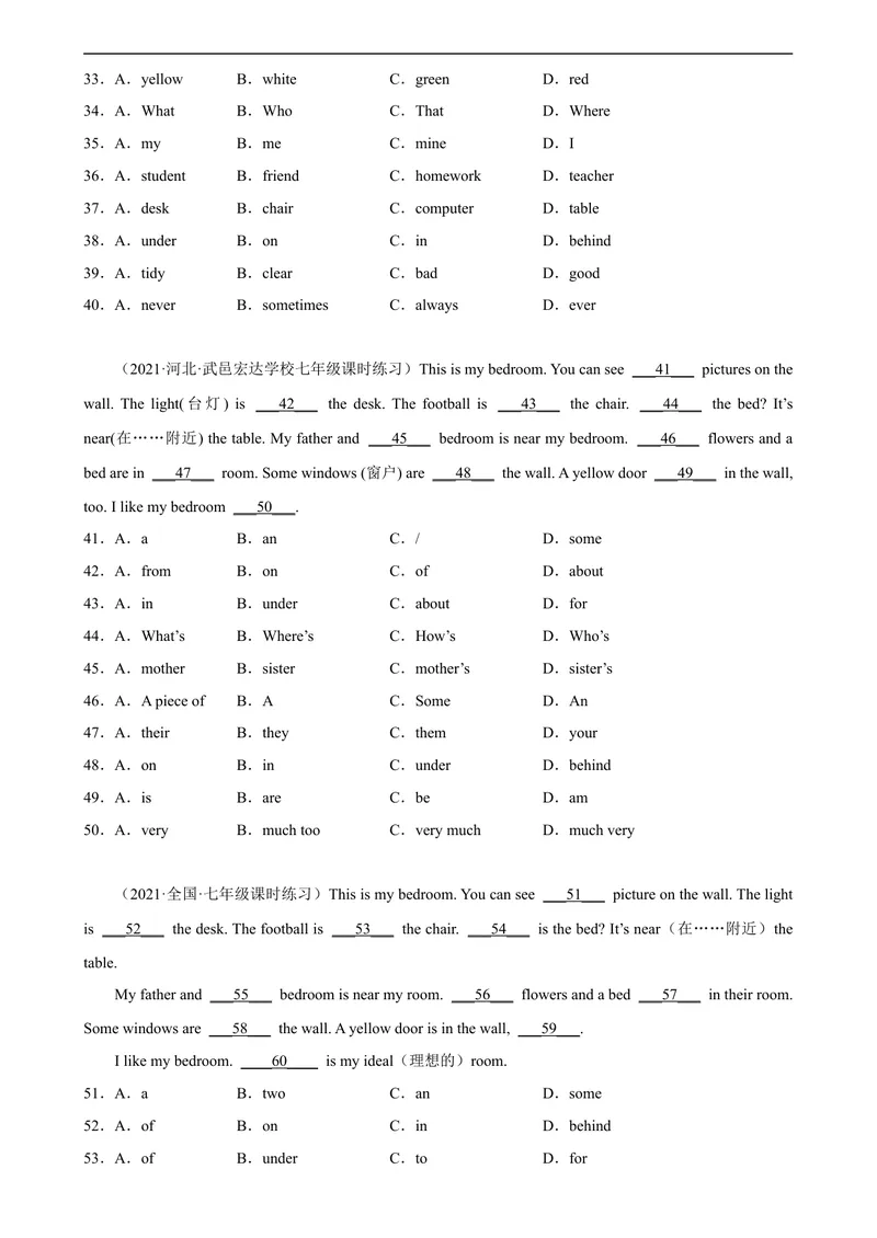 《Unit4单元话题完形填空专项练习-七年级英语上册单元重难点易错题精练（人教版）_初中英语789_最新人教版英语七年级上册_英语7上最新改版_04.英语7上-试题_专题训练》第3页预览