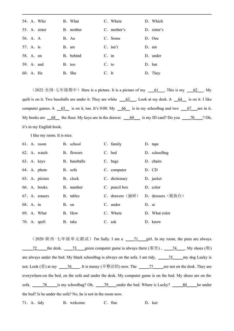《Unit4单元话题完形填空专项练习-七年级英语上册单元重难点易错题精练（人教版）_初中英语789_最新人教版英语七年级上册_英语7上最新改版_04.英语7上-试题_专题训练》第4页预览