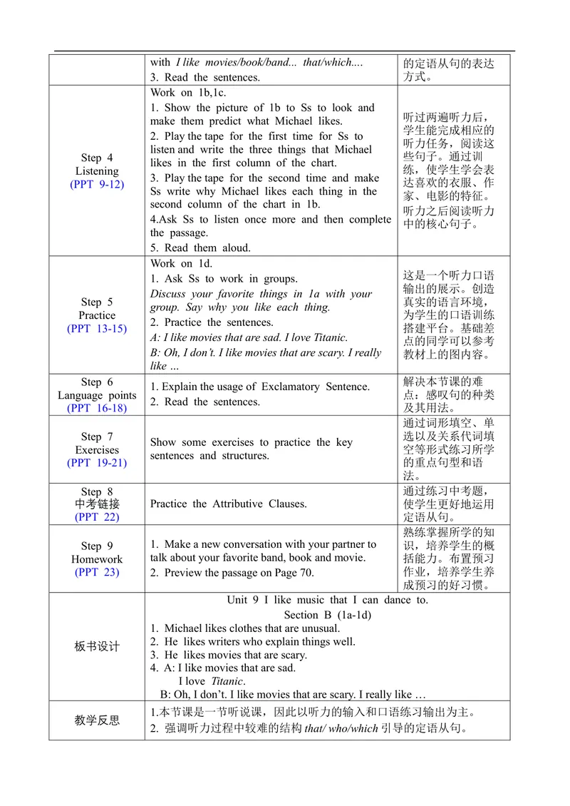 《Unit9SectionB1a-1d_初中英语789_旧版人教版英语九年级全册_旧版可参考_02.英语9全一册-表格式全英教案+PPT课件+朗读第2套_全英教案_Unit9（教案）_Unit9SectionB1a-1d》第2页预览