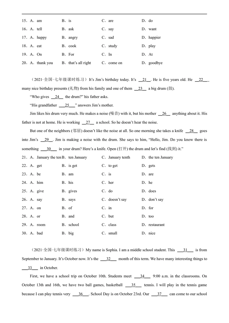 《Unit8单元话题完形填空专项练习-七年级英语上册单元重难点易错题精练（人教版）_初中英语789_最新人教版英语七年级上册_英语7上最新改版_04.英语7上-试题_专题训练》第2页预览