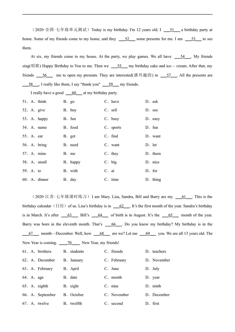 《Unit8单元话题完形填空专项练习-七年级英语上册单元重难点易错题精练（人教版）_初中英语789_最新人教版英语七年级上册_英语7上最新改版_04.英语7上-试题_专题训练》第4页预览