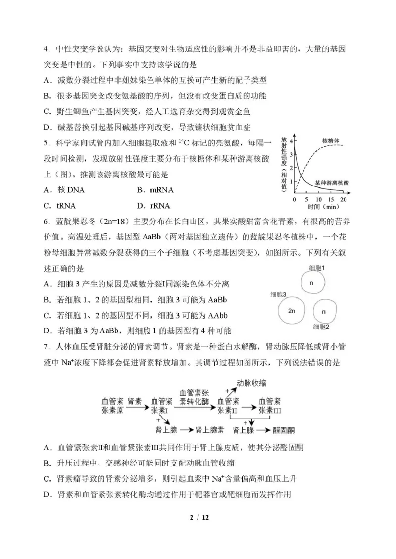 《生物6生物学科试题_2024-2027高三（6-6月题库）_2026年06月高三试卷_260601吉林东北师范大学附属中学2026届高三5月考前模拟考试（全科）》第2页预览