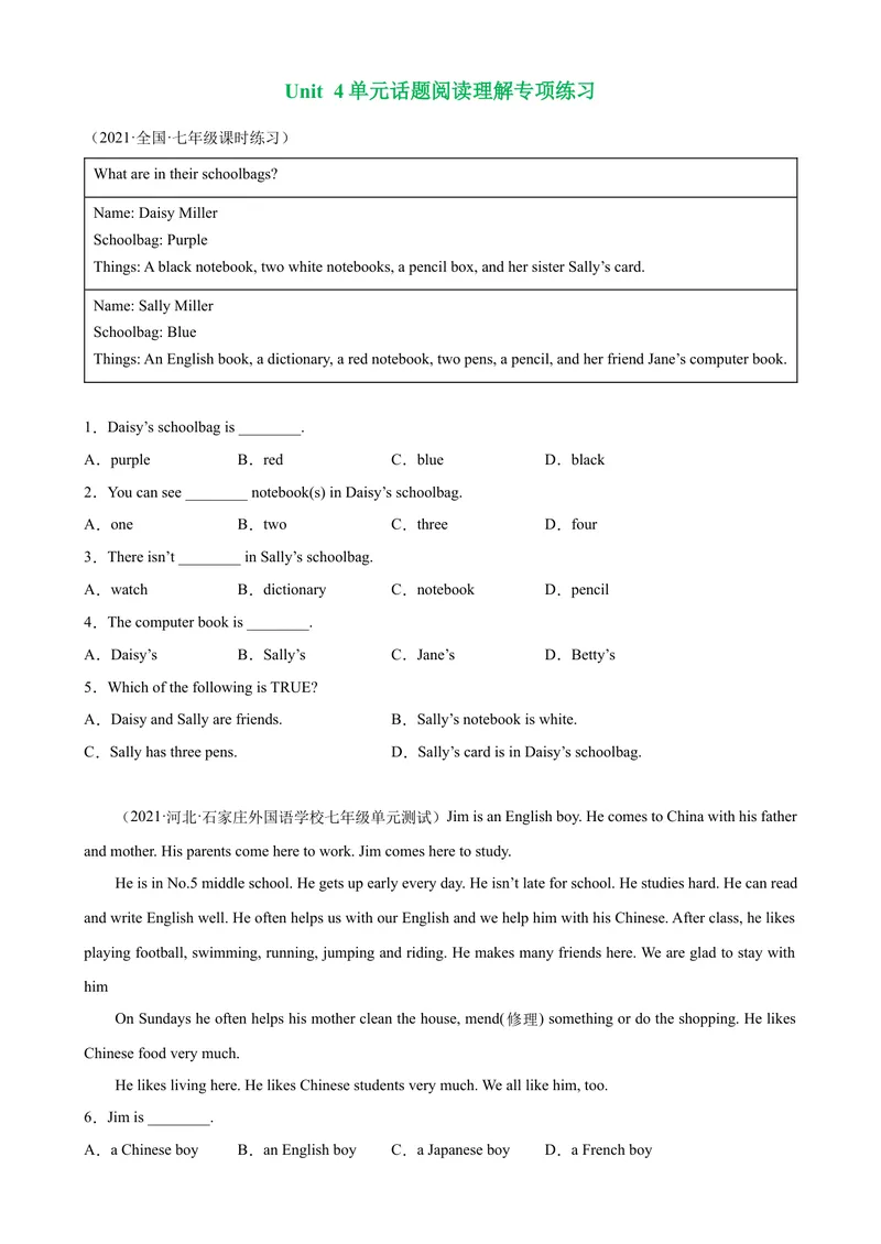 《Unit4单元话题阅读理解专项练习-七年级英语上册单元重难点易错题精练（人教版）_初中英语789_最新人教版英语七年级上册_英语7上最新改版_04.英语7上-试题_专题训练》第1页预览