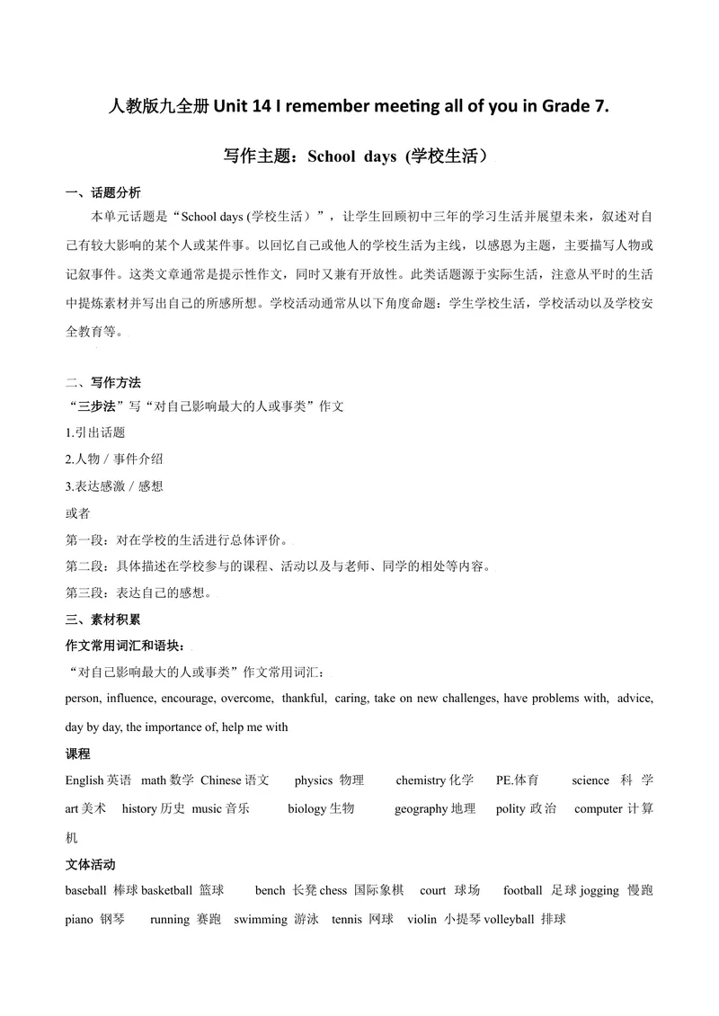 《专题14九全Unit14写作主题：学校生活--2021-2022学年九年级英语单元话题写作（人教版）_初中英语789_26秋最新人教版英语九年级上册_26秋人教九上_39、赠送其它资料_旧版资料_4.习题试卷》第1页预览