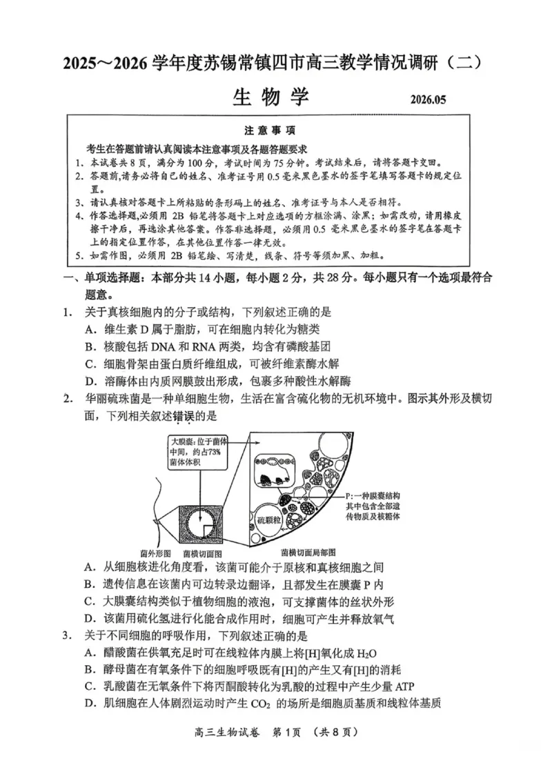 《生物试题+答案苏锡常镇四市2026届高三下学期5月教学情况调研（二）_2024-2027高三（6-6月题库）_2026年05月高三试卷_260507苏锡常镇四市2026届高三下学期5月教学情况调研（二）（全科）》第1页预览