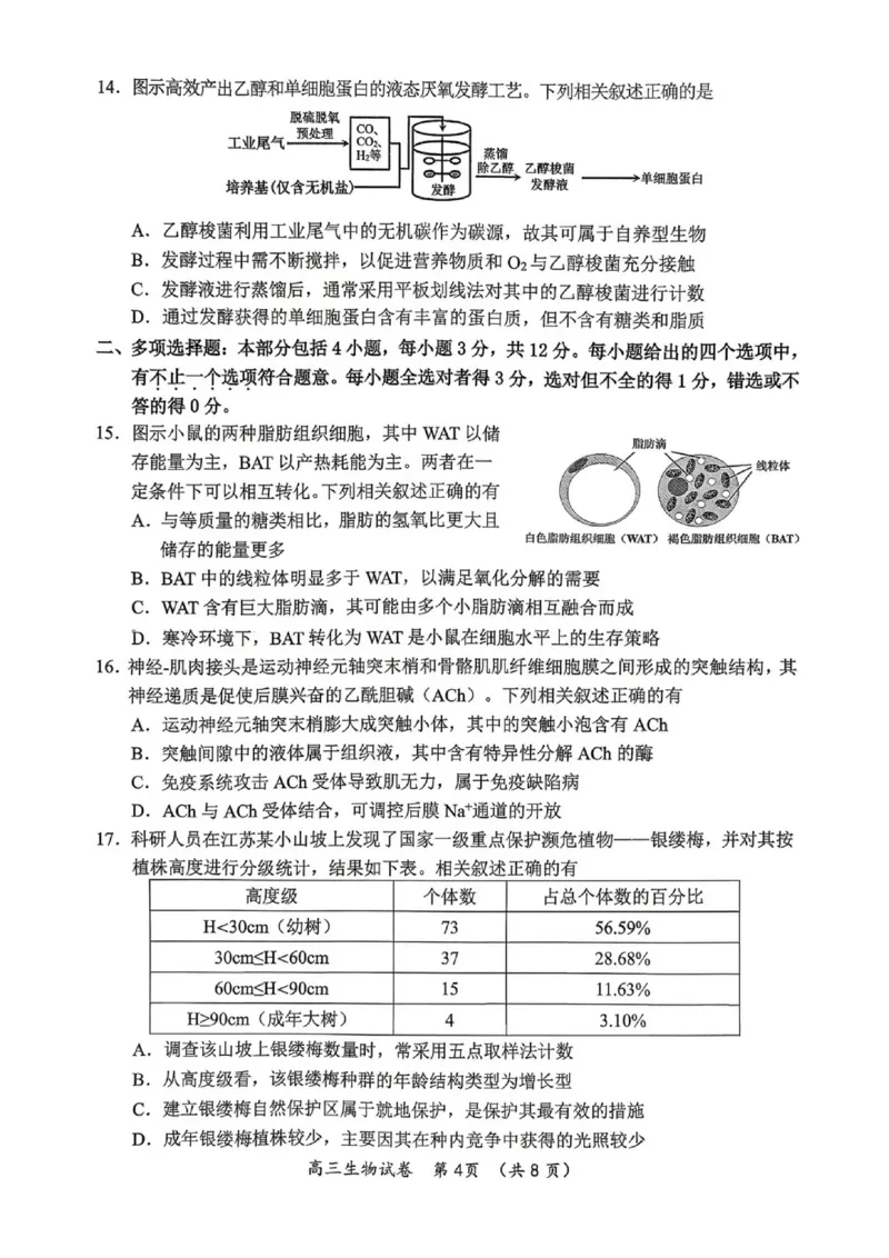 《生物试题+答案苏锡常镇四市2026届高三下学期5月教学情况调研（二）_2024-2027高三（6-6月题库）_2026年05月高三试卷_260507苏锡常镇四市2026届高三下学期5月教学情况调研（二）（全科）》第4页预览