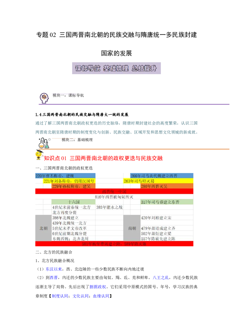 《知识串讲02三国两晋南北朝的民族交融与隋唐统一多民族封建国家的发展-高一历史上学期期中期（中外历史纲要上）_新版高中_高中历史新版_高中历史纲要上（统编版）_期中期末》第1页预览