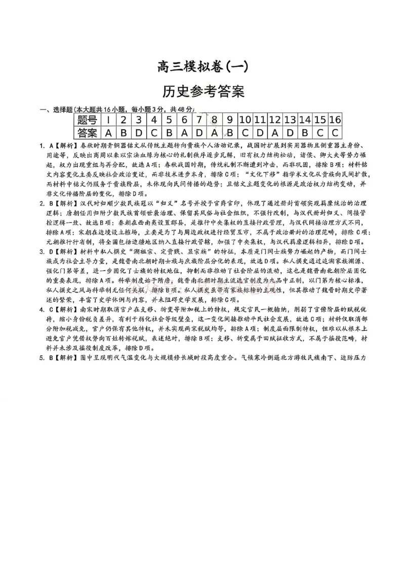 《湖南师大附中2026届高三4月高考模拟考试（一）历史答案_12.2026年4月全国各地高考模拟卷_2026年4月_湖南师大附中模拟卷一2026年湖南师范大学附属中学高三模拟卷(一)全科》第1页预览
