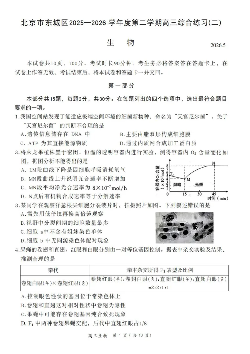 《生物试题+答案-北京市东城区2025—2026学年度第二学期高三综合练习(二)(二模)_2024-2027高三(6-6月题库)_2026年05月高三试卷_260510北京市东城区2026届第二学期高三二模(全科)》第1页预览