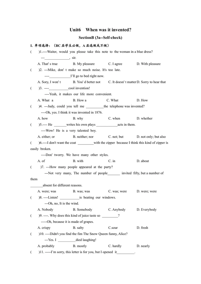 《Unit6SectionB（3a-self-check)分层练习设计_初中英语789_旧版人教版英语九年级全册_旧版可参考_06.英语9全一册-试题_课时练习_分层练习》第1页预览
