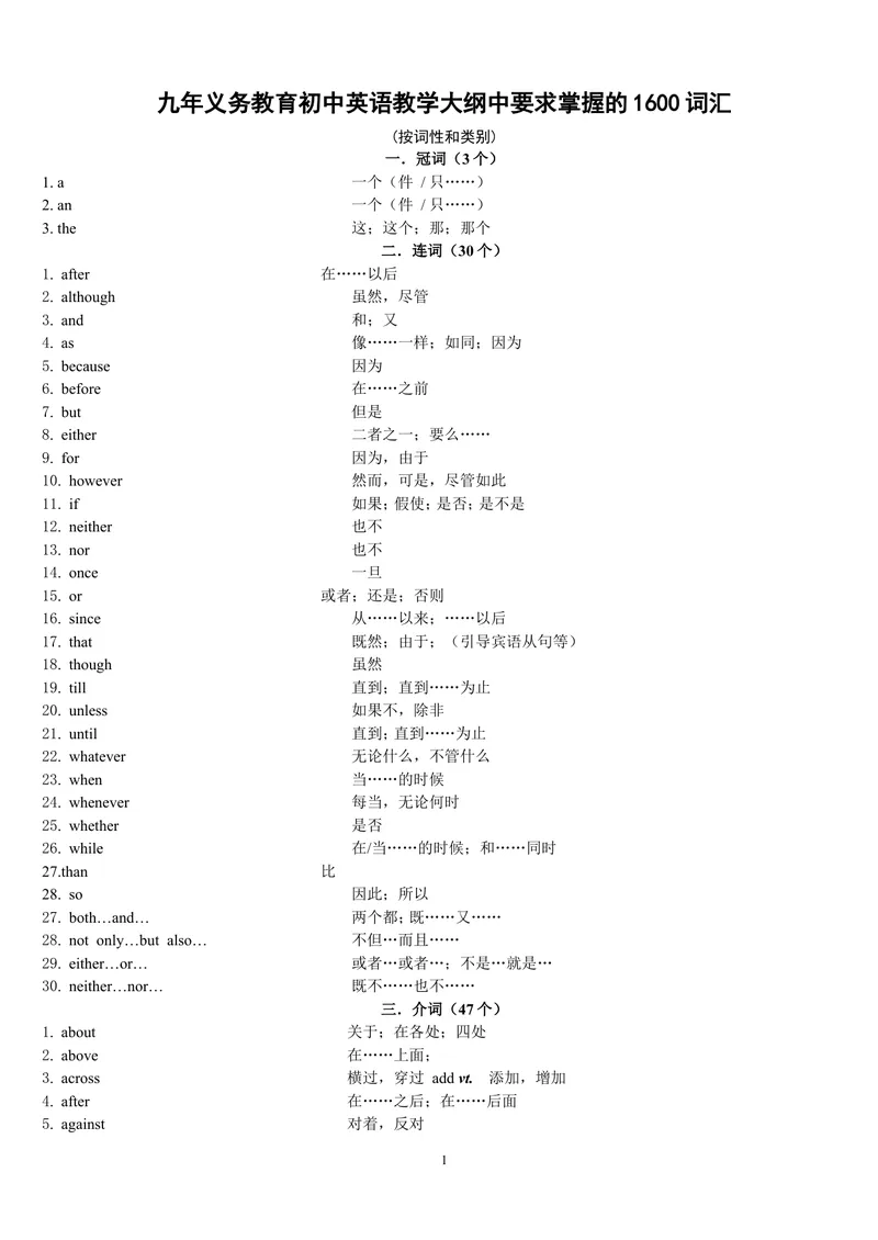 《中考1600按词性分类_初中英语789_26秋最新人教版英语九年级上册_26秋人教九上_39、赠送其它资料_旧版资料_18.中考词汇_中考英语词汇1600》第1页预览