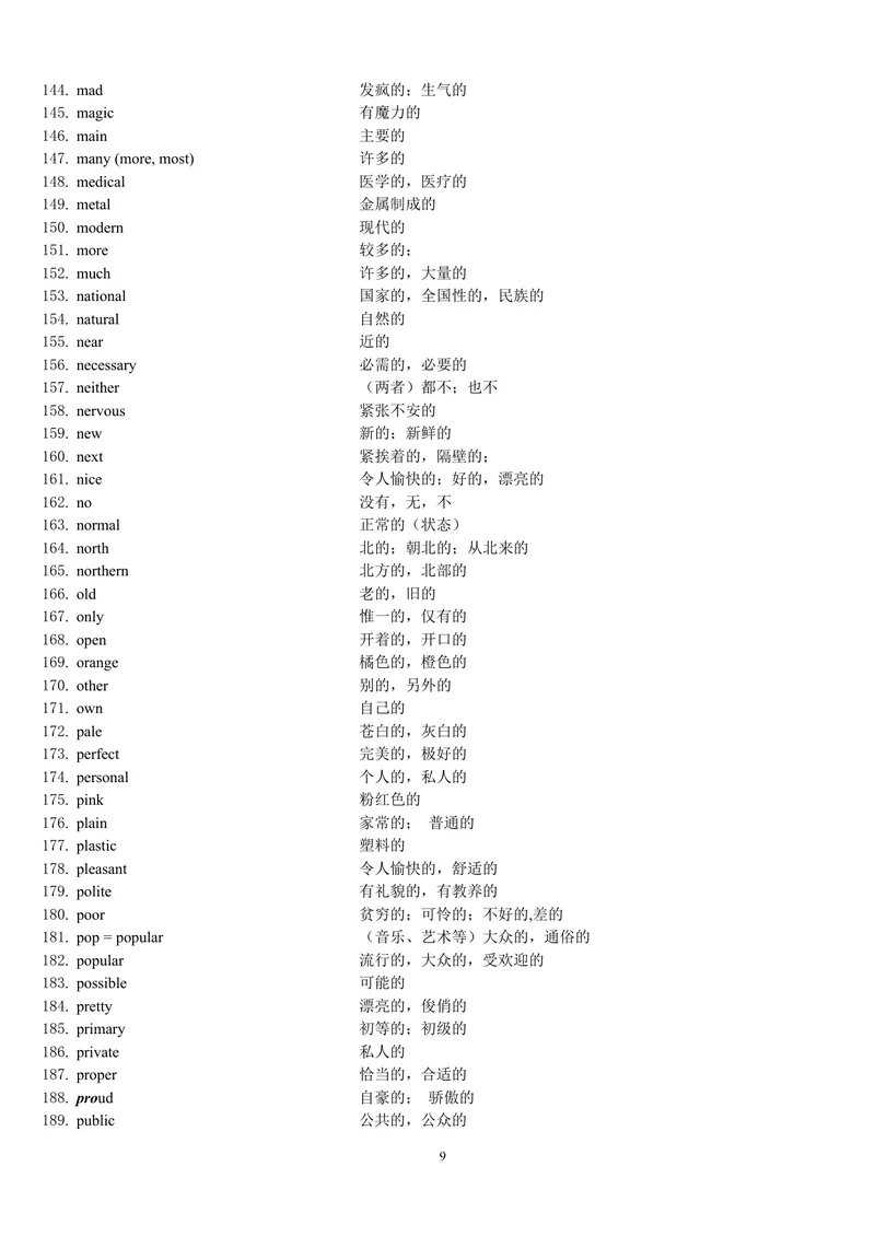 《中考1600按词性分类_初中英语789_26秋最新人教版英语九年级上册_26秋人教九上_39、赠送其它资料_旧版资料_18.中考词汇_中考英语词汇1600》第9页预览