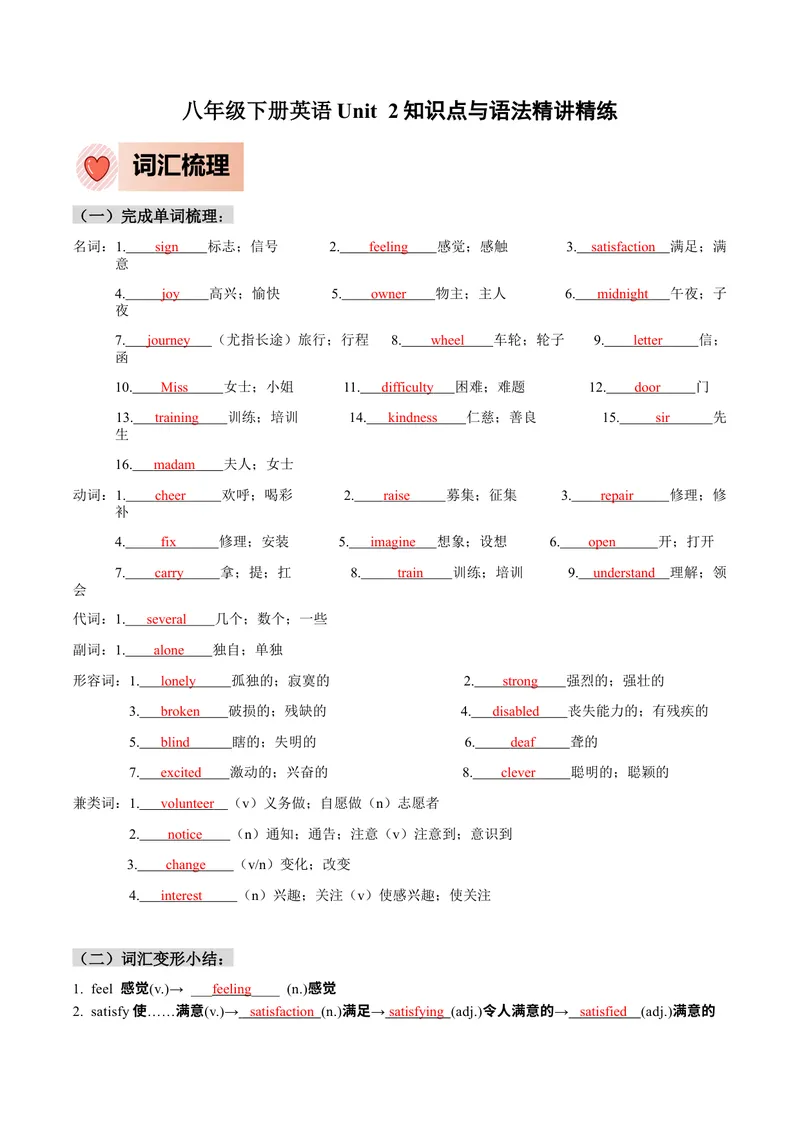 《人教版八年级下册英语Unit2单元知识点讲义（教师版）_初中英语789_最新人教版英语八年级下册_旧版（有参考价值）_版本二_八年级英语下册（人教版）_单元知识点讲义_教师版（含答案）》第1页预览