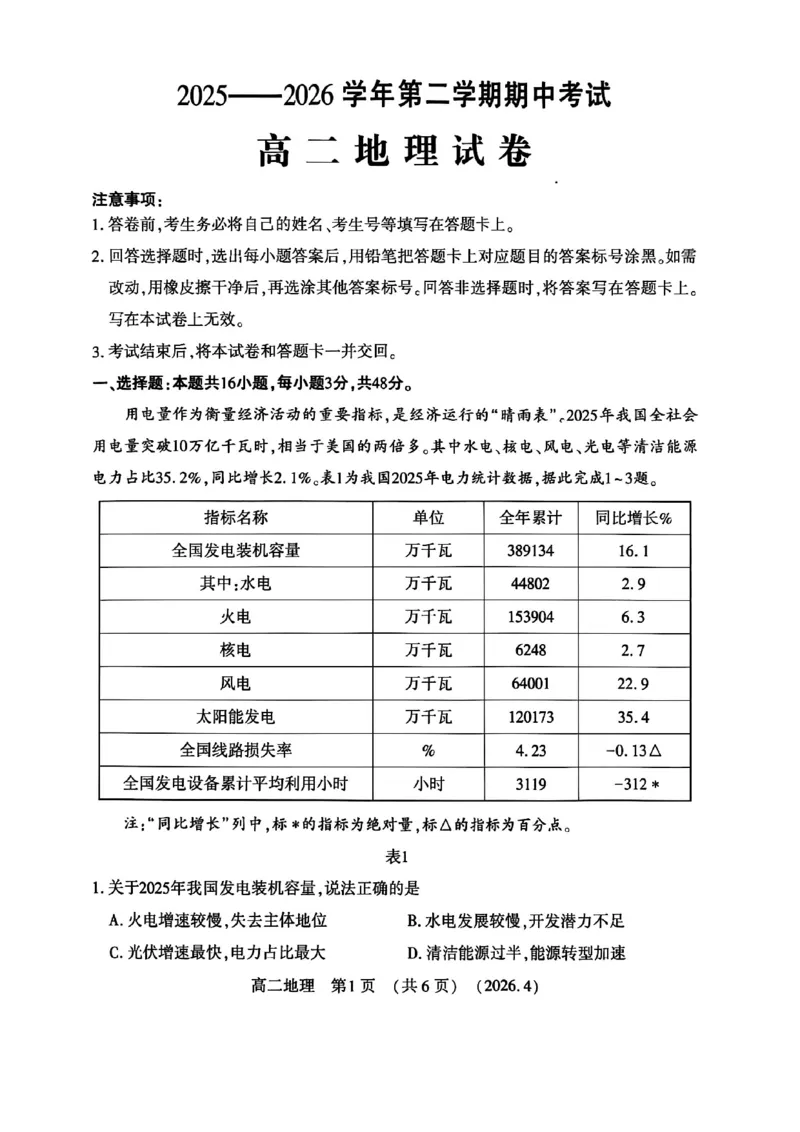 《河南省洛阳市2025-2026学年第二学期期中考试高二地理试卷_2024-2027高二（7-7月题库）_2026年05月高二试卷_260508河南省洛阳市2025-2026学年高二下学期期中（全）》第1页预览
