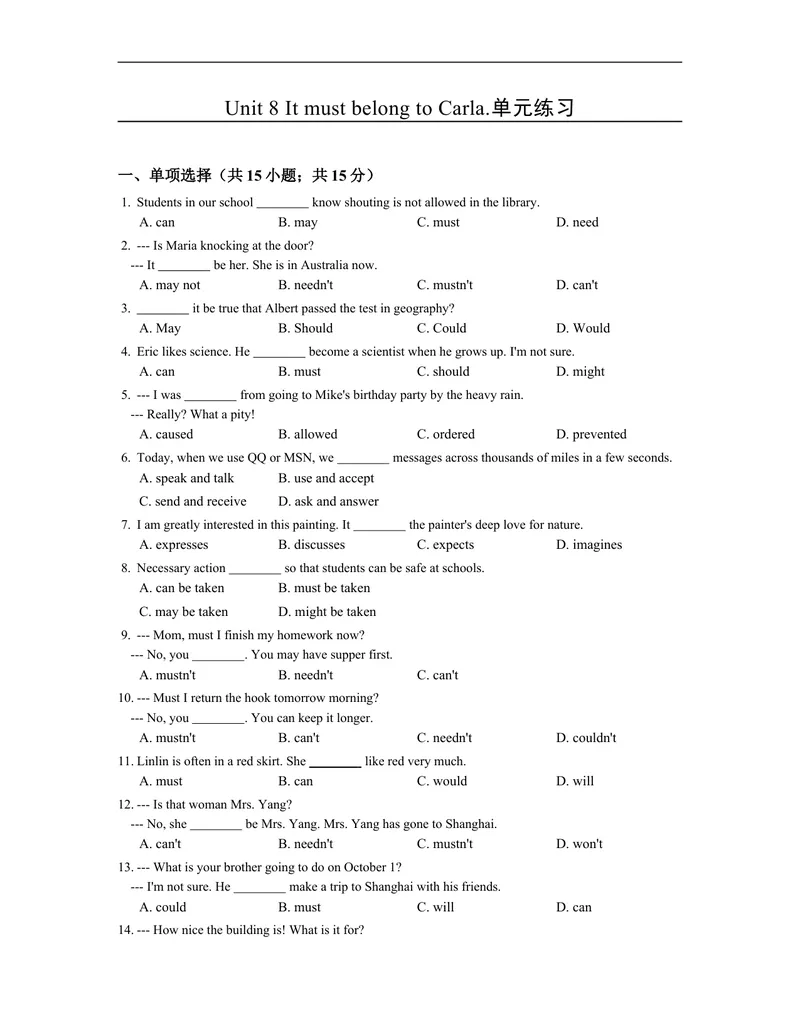 《unit8练习2含答案._初中英语789_26秋最新人教版英语九年级上册_人教版英语九年级全册_人教版初中英语9全一册_4.试题试卷_（赠送）九年级全一册题库_同步练习_Unit8ItmustbelongtoCarla》第1页预览